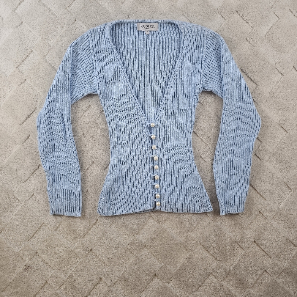 Musier Paris: Light Blue Ribbed V-Neck Cardigan with Pearl Buttons